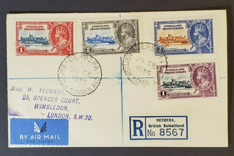 1935 Berbera British Somaliland London Registered Multi Frank Air Mail ...