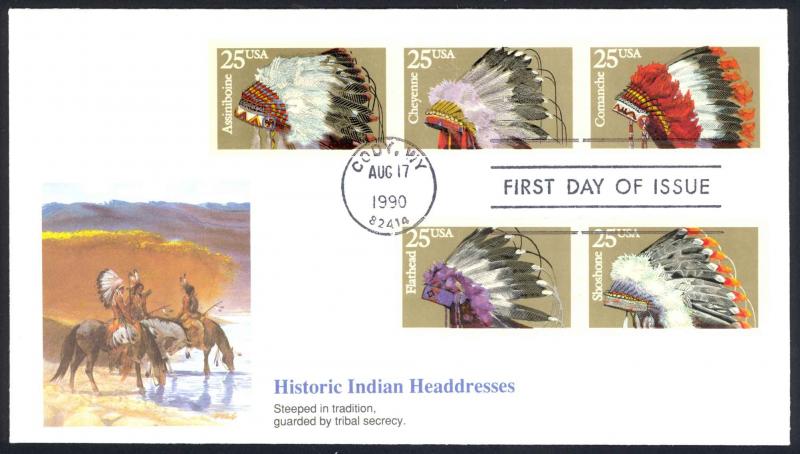 USA Sc# 2501-2505 (Fleetwood) FDC (Cody, WY) 1990 8.17 Indian Headdresses