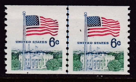 U.S. 1963 Scott 1338 Coil Line Pair 6c Flag & White House VF/NH(**)