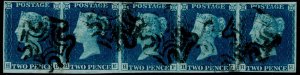 GB QV SG4, SCARCE 2d deep full blue PL 1, VERY FINE USED. Cat £6000+ STRIP of 5