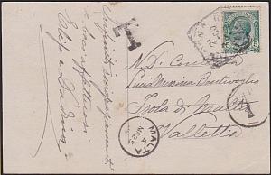 MALTA 1909 postcard ex Italy postage due 1d in circle.......................8838