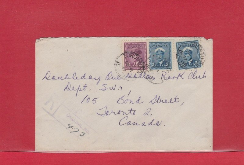 Toronto War Issue Registered cover 1947 Canada 2x5c + 3c