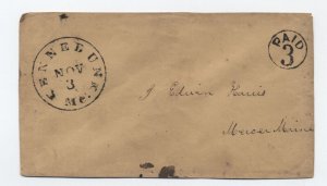 1850s Kennebunk ME black cDS and paid 3 in circle stampless cover [h.4741]