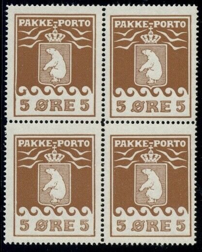 GREENLAND #Q3 (P6) 5ore Pakke Porto, 3rd printing, Block of 4, og, NH, VF+