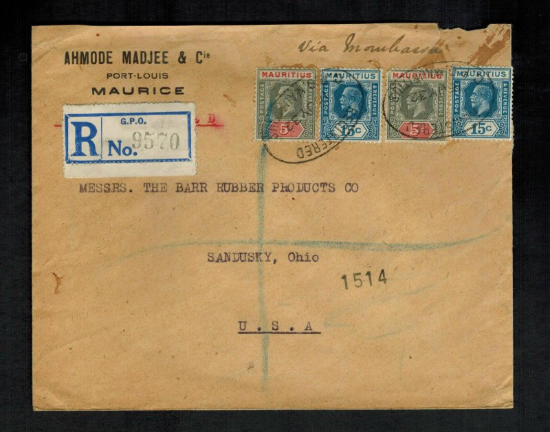 1932 Mauritius Registered Cover to USA