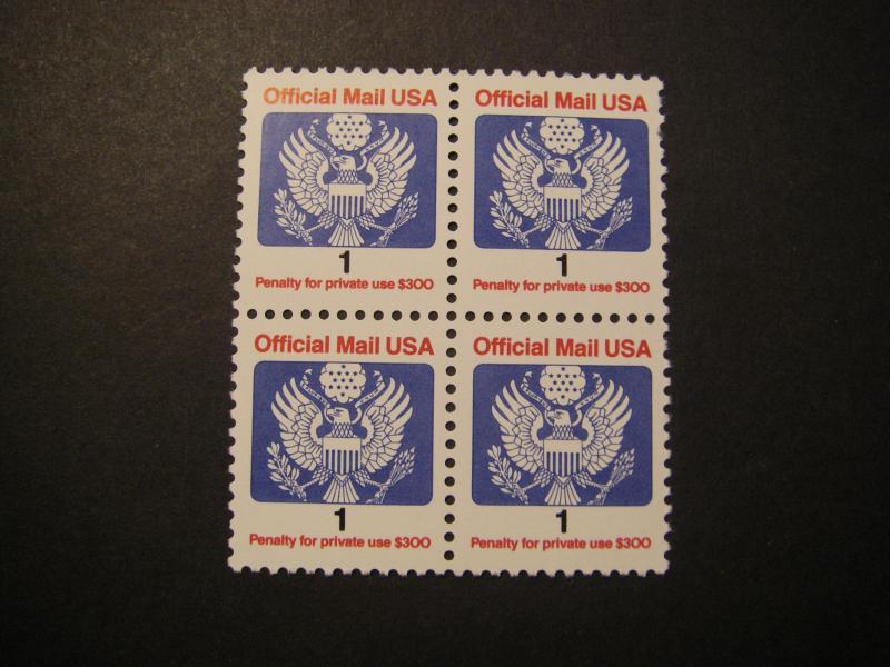 Scott O143, 1 cent Official Eagle & Shield, MNH Block of 4, NICE