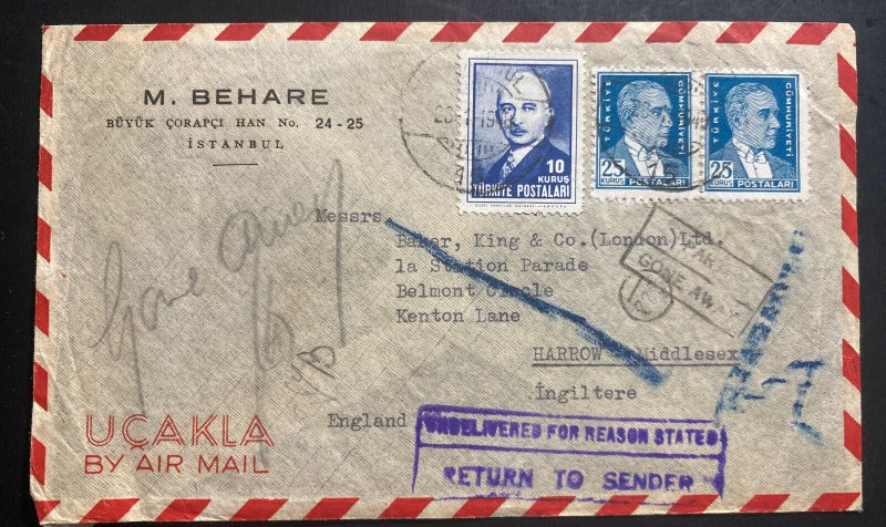 1948 Istanbul Turkey Airmail Returned To Sender Cover To Harrow England