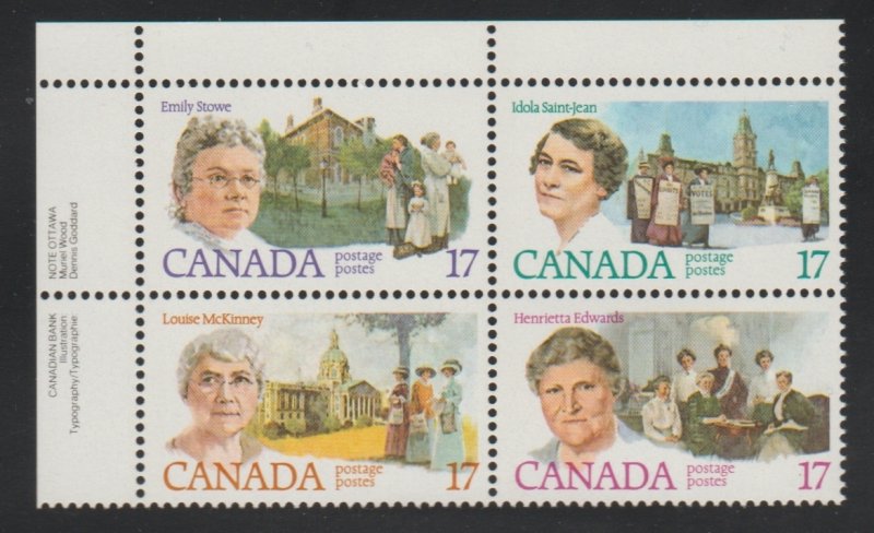 Canada 882a Canadian Feminist - MNH - Plate block  UL