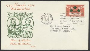 1959 #388 Plains of Abraham FDC H&E Cachet Ottawa