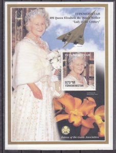 Turkmenistan, 1998 issue. Queen Mother s/sht. Concorde, Scouts. Orchid shown. ^