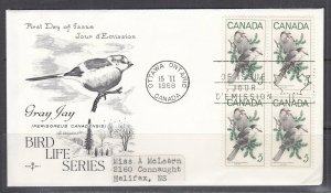Canada Scott 478 Blk 4 Rose Craft FDC - Gray Jay