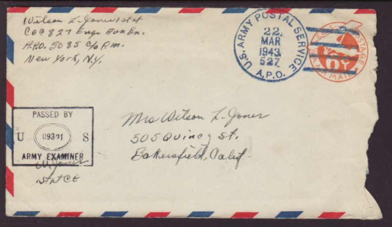 US Soldier's Mail APO 527 March 22,1943 Censored Cover