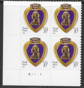 US #3784 plate block.  Purple Heart.