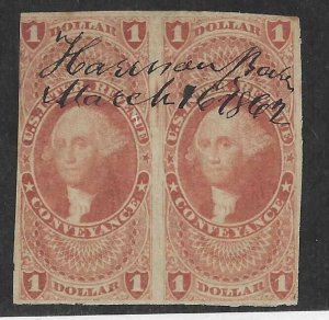 $1 1st ISSUE WASH CONVEYANCE REVENUE (R66a) IMPERF PAIR CLEAR FACES $90