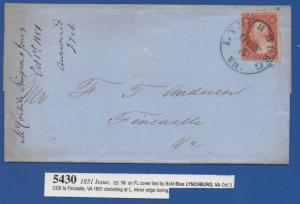 *US 19th Century Cover Scott #10 Tied By Blue CDS, Lynchburg, Va, Oct 3