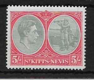 ST.KITTS-NEVIS SG77a 1943 5/= GREY-GREEN & SCARLET p14 CHALKY PAPER MTD MINT