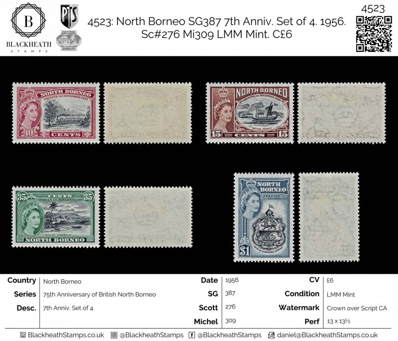 4523: North Borneo SG387 7th Anniv. Set of 4. 1956. Sc#276 Mi309 LMM Mint. C£6