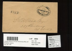 Hussey's Notice & Circular Distributing Office FREE' Hand Stamp Cover (LV 1569)