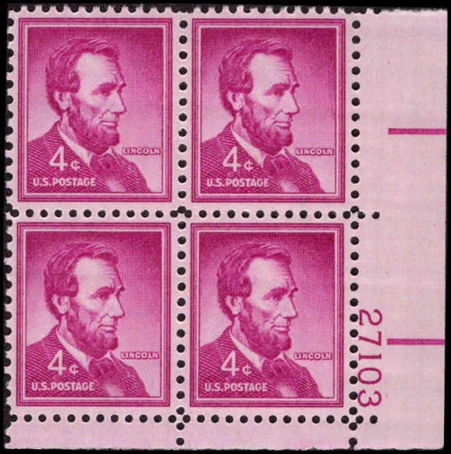 US #1036a ABRAHAM LINCOLN MNH LR PLATE BLOCK #27103 DURLAND .50¢