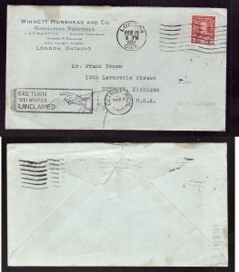 Canada-cover  #3180b - 3c KGV to USA-London,Ont-Fe 19 1937-H/S 