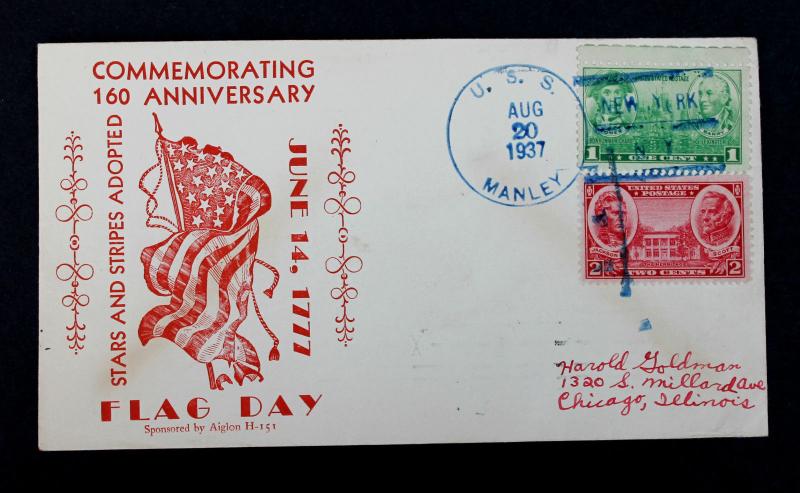 US Stamp Sc# 790 & 786 on USS MANLEY Naval Cover Aug 20, 1937  160th Flag Day. 