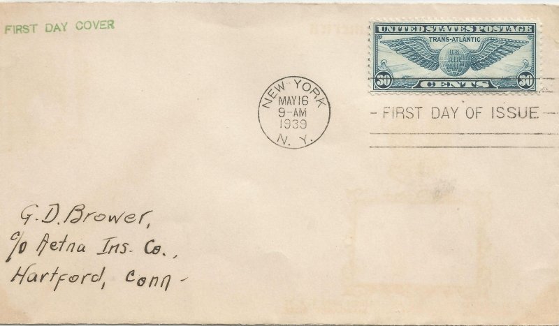 US 30 cent Airmail FDC no cachet 5-16-39 !#3