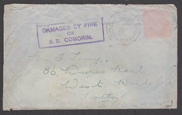 AUSTRALIA 1930 Queensland to UK cover DAMAGED BY FIRE ON SS COMORIN........55128 