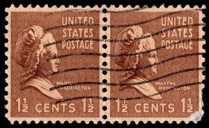 U.S. Scott #805: 1938 1.5¢ Martha Washington pair, Used, XF, lower right damage