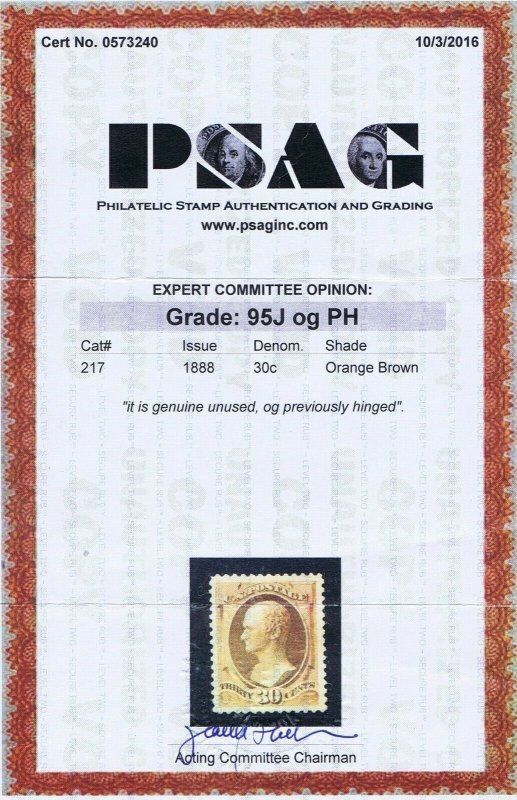 SCOTT# 217 UNUSED OG PH 30 CENT HAMILTON, 1888, 2016 PSAG CERT, GRADED 95J!   