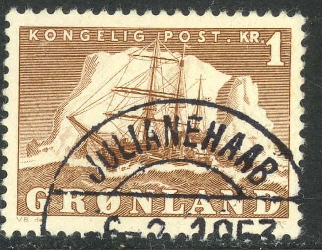 GREENLAND 1950-60 1K Brown POLAR SHIP GUSTAV HOLM Issue Sc 36 VFU