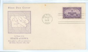 US 838 1938 3c Iowa Territory Centennial on an unaddressed FDC with a Hux-cut cachet (tiny spot on top of cover).