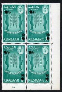 Sharjah 1963 SG38var 10np on 1np cylinder block of 4 OVPT DOUBLE UM