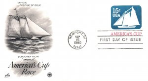 US FIRST DAY COVER AMERICA'S CUP 15c STAMPED ENVELOPE ARTCRAFT CACHET 1980