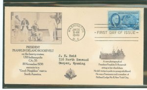 US 933 1946 5c Roosevelt Memorial on an addressed first day cover with an unknown cachet.