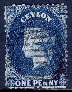 CEYLON — SCOTT 46dv (SG 49y) — 1863 QV 1d INVERTED/REVERSED WMK. — USED — SG £50