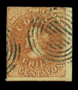 CHILE 1854 COLUMBUS - Desmadryl - 5c chestnut(nogal) Sc# 3b used Wmk FA5-2(R) XF