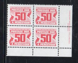 Canada Sc J40 1978 50c postage due stamp plate block of 4 LR mint NH