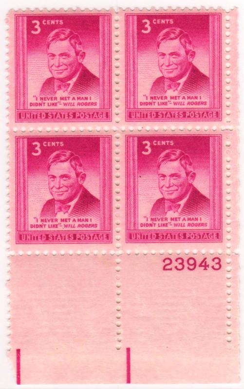 975: Will Rogers - Plate Block - MNH - 23943-LR