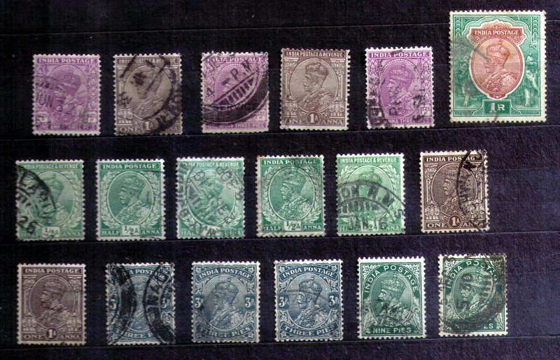 India 1911 - 1930 KGV Used Selection F-VF - 18 Used Stamps