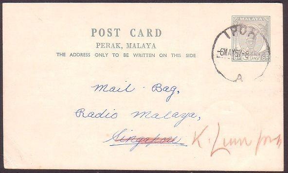 MALAYA PERAK 1957 6c postcard used IPOH to Singapore.......................34818