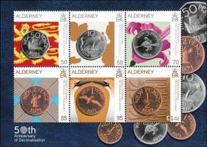 Alderney 2021 MNH Stamps Souvenir Sheet Coins 50 Years of Decimalisation Birds