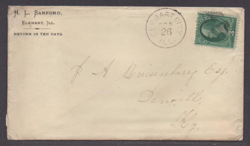 **US 19th Century Cover Scott #158, ELkhart City, IL, 9/26/1878, Letter Enclosed