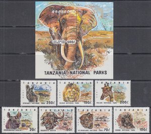 TANZANIA Sc # 1185-92 CPL MNH SET of 7 + S/S - TANZANIA NATIONAL PARK WILDLIFE