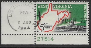 US #1232 used Plate # single.  West Virginia Statehood.      Nice.