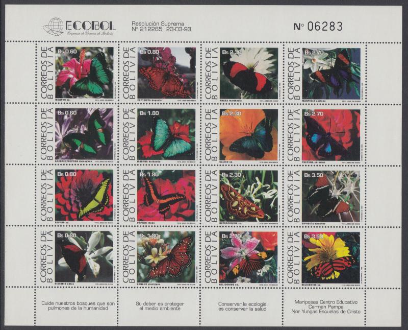 Bolivia Sc 889a MNH. 1993 Flowers & Butterflies se-tenant Souvenir Sheet, VF