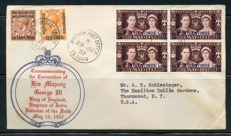 MOROCCO AGENCIES 1937 GEO VI CORONATION  FIRST DAY COVER MAILED TO THORNWOOD NY