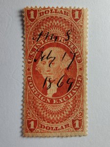 SCOTT #R68 ONE DOLLAR FOREIGN EXCHANGE HAND CANCEL JULY 17, 1869 BEAUTY