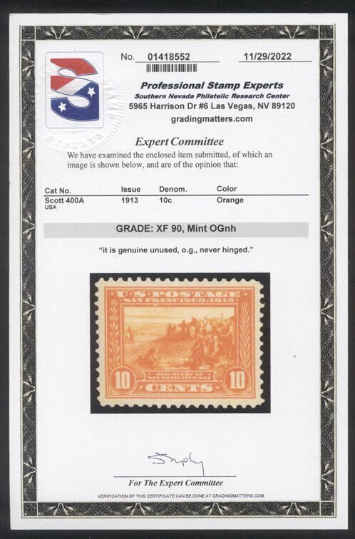 U.S. #400A CHOICE Mint XF NH w/ Cert - 1913 10c Pan-Pacific, Orange