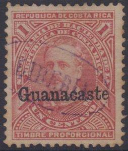 COSTA RICA GUANACASTE 1885 REVENUES Mena GR9 OVPT TYPE G2 OVAL LIBERIA CANCEL 