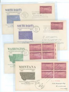 US 858 (1939) 50th Anniversary of the Admission of four states of The Northwest Territory set of four addressed FDC with cachets